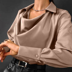 Tessa Collection | Women's Long Sleeve Satin Blouse with Modern Draped Neckline | Elegant Top for Effortless Style 4