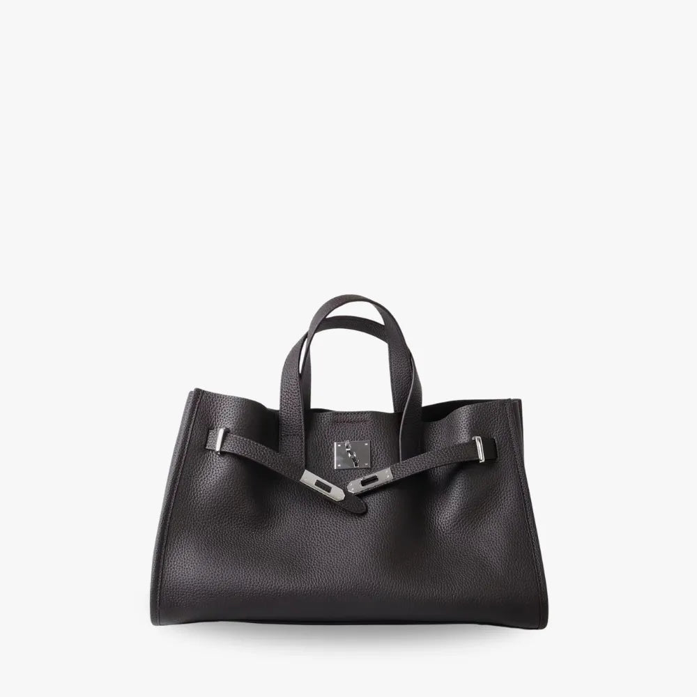 Women's Pebbled Leather Tote Bag with Top Handles and Metal Clasp