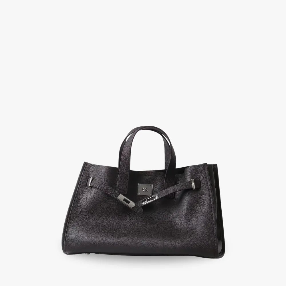 Women's Pebbled Leather Tote Bag with Top Handles and Metal Clasp