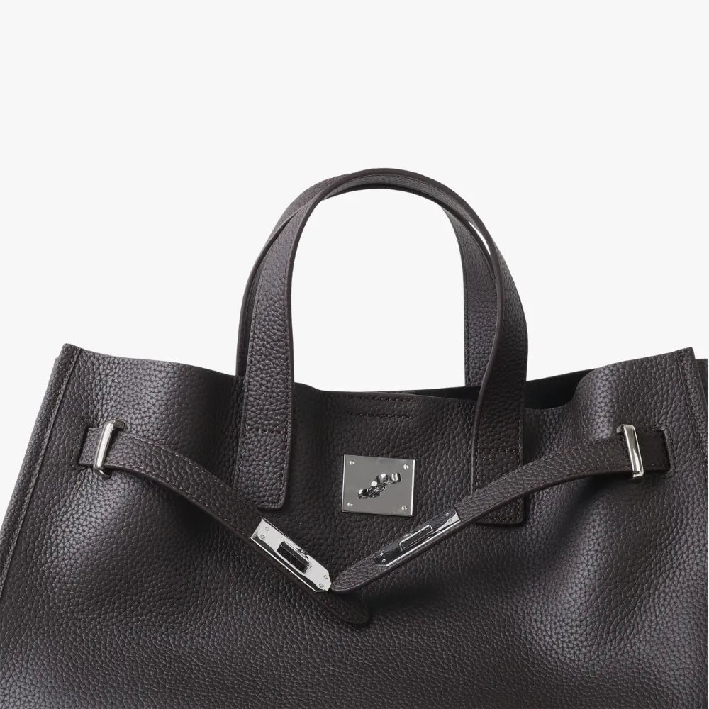 Women's Pebbled Leather Tote Bag with Top Handles and Metal Clasp