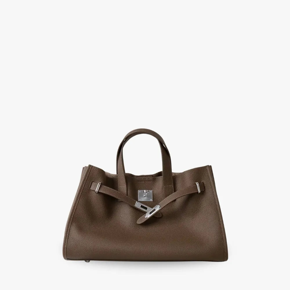 Women's Pebbled Leather Tote Bag with Top Handles and Metal Clasp