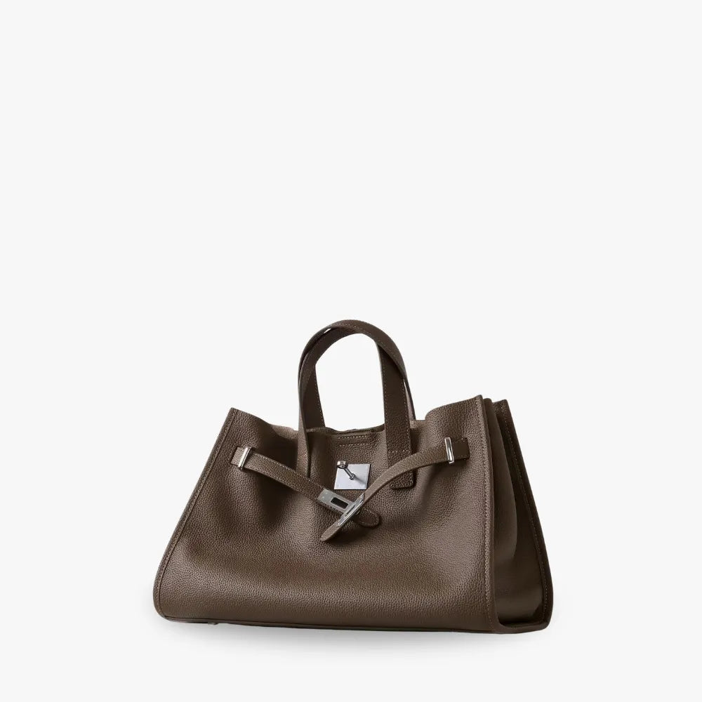 Women's Pebbled Leather Tote Bag with Top Handles and Metal Clasp