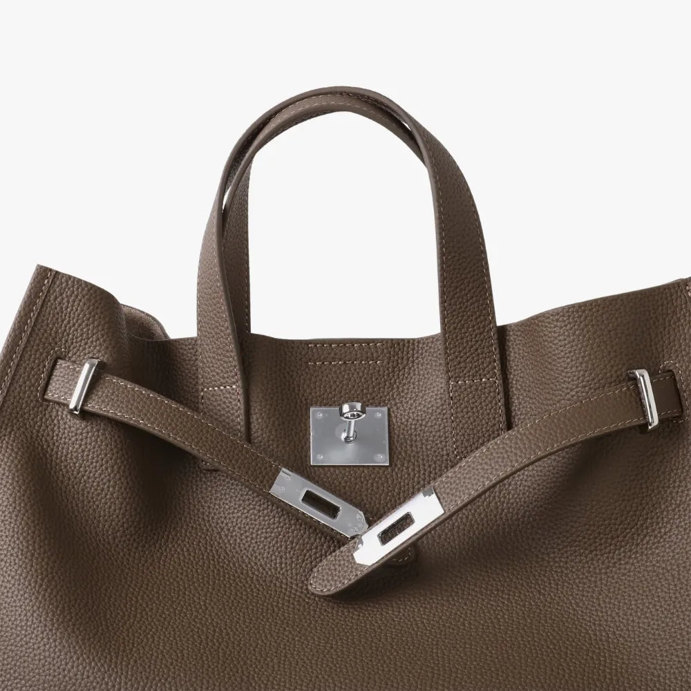 Women's Pebbled Leather Tote Bag with Top Handles and Metal Clasp