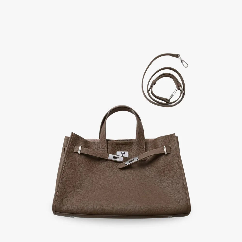 Women's Pebbled Leather Tote Bag with Top Handles and Metal Clasp