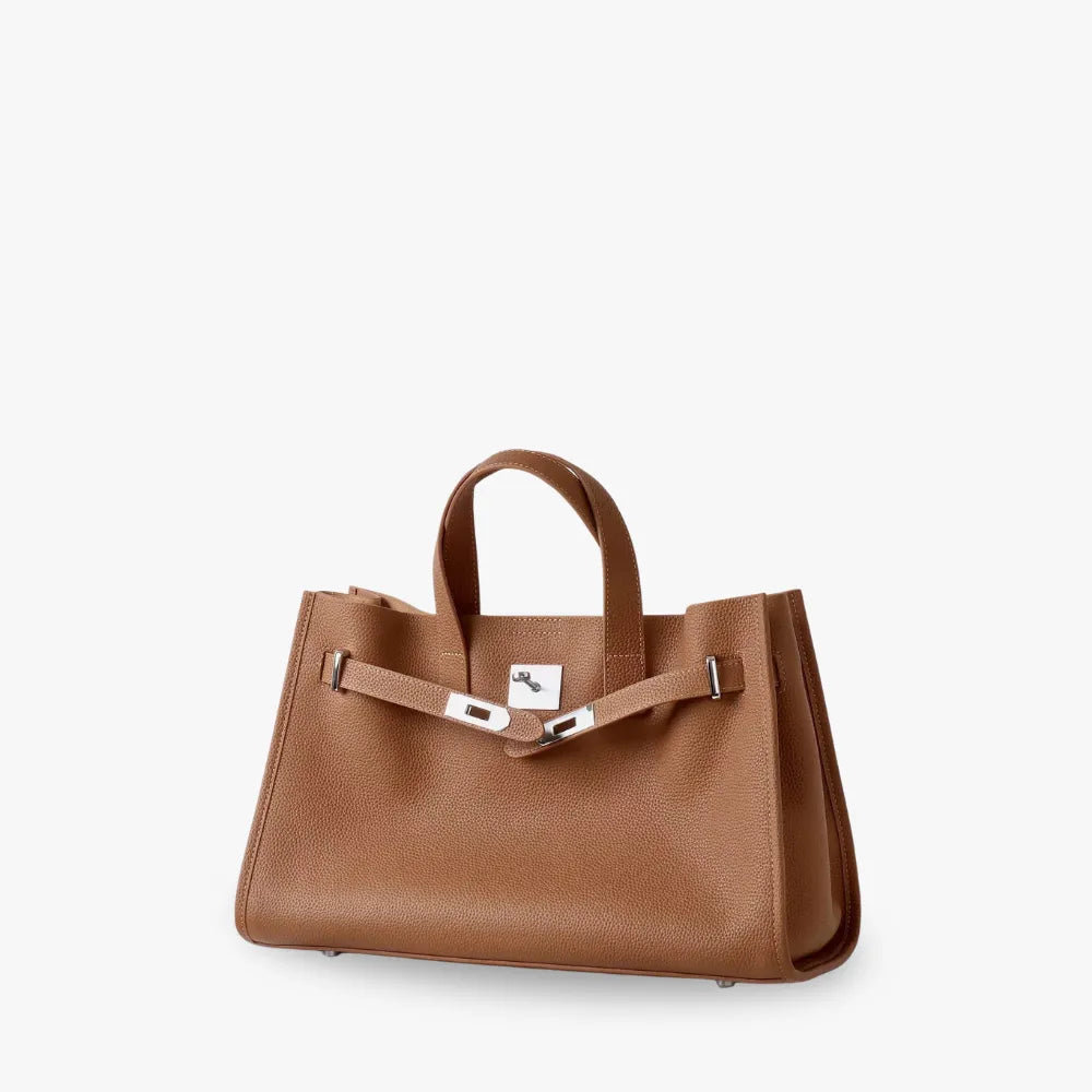 Women's Pebbled Leather Tote Bag with Top Handles and Metal Clasp