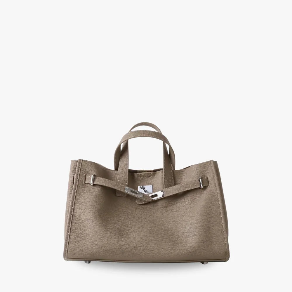 Women's Pebbled Leather Tote Bag with Top Handles and Metal Clasp
