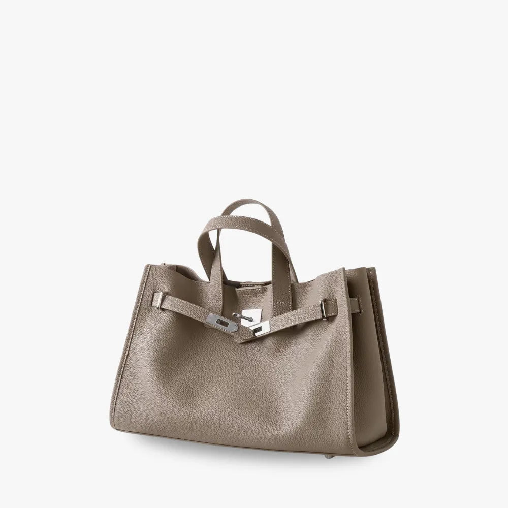Women's Pebbled Leather Tote Bag with Top Handles and Metal Clasp
