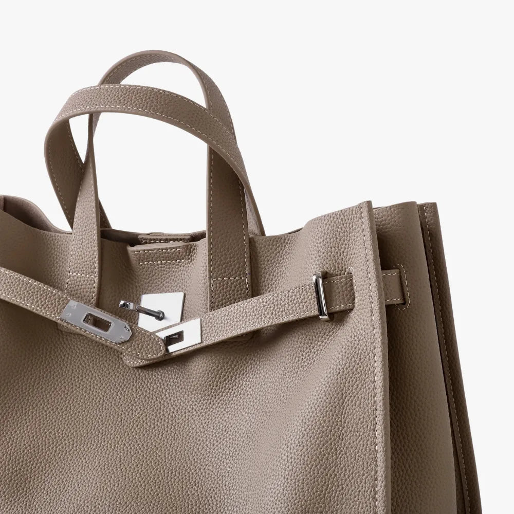 Women's Pebbled Leather Tote Bag with Top Handles and Metal Clasp