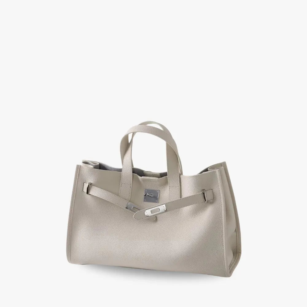 Women's Pebbled Leather Tote Bag with Top Handles and Metal Clasp
