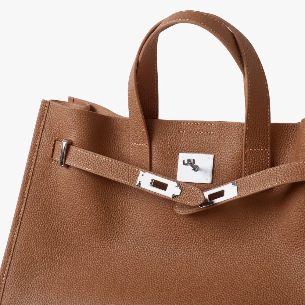 Women's Pebbled Leather Tote Bag with Top Handles and Metal Clasp