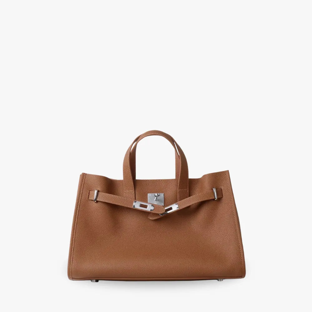 Women's Pebbled Leather Tote Bag with Top Handles and Metal Clasp