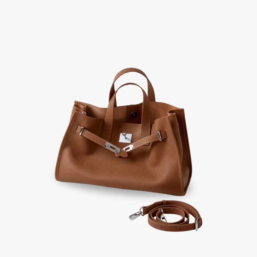 Women's Pebbled Leather Tote Bag with Top Handles and Metal Clasp