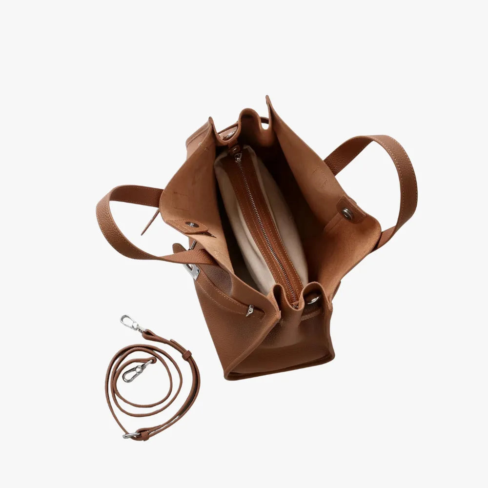 Women's Pebbled Leather Tote Bag with Top Handles and Metal Clasp