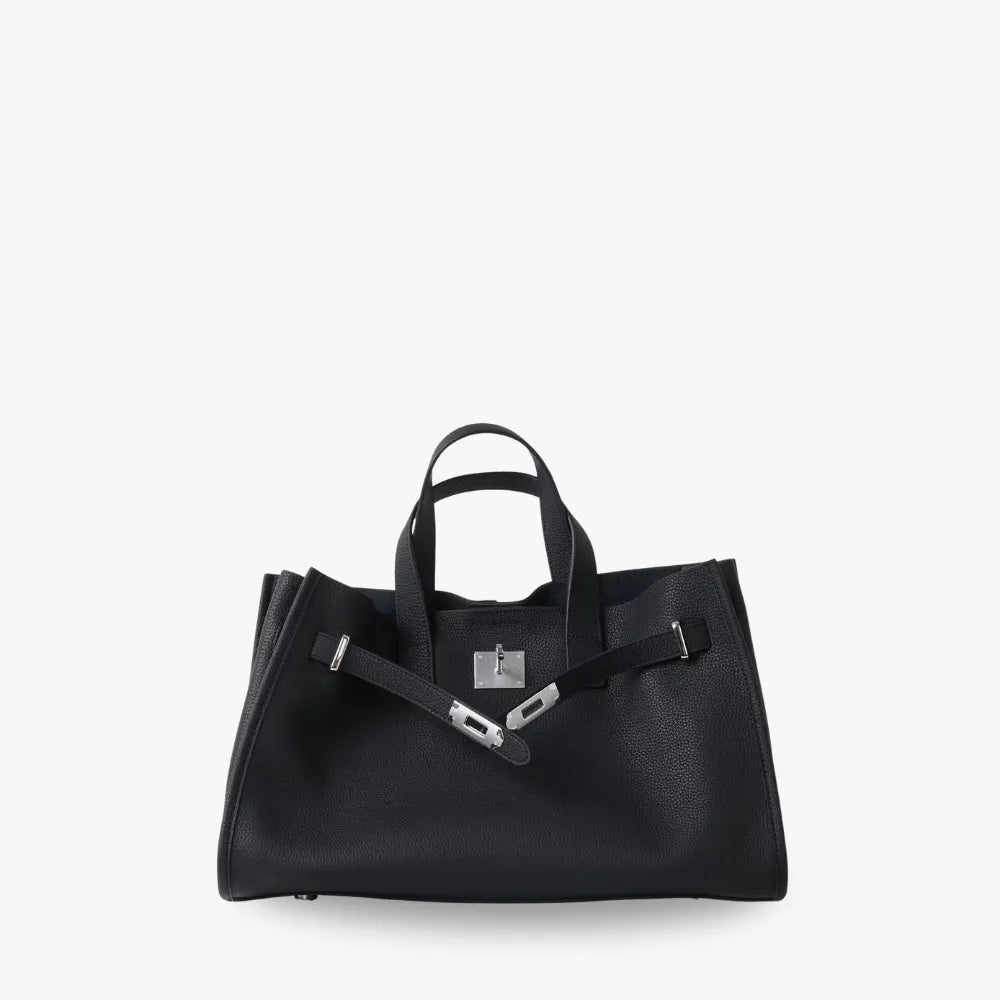 Women's Pebbled Leather Tote Bag with Top Handles and Metal Clasp