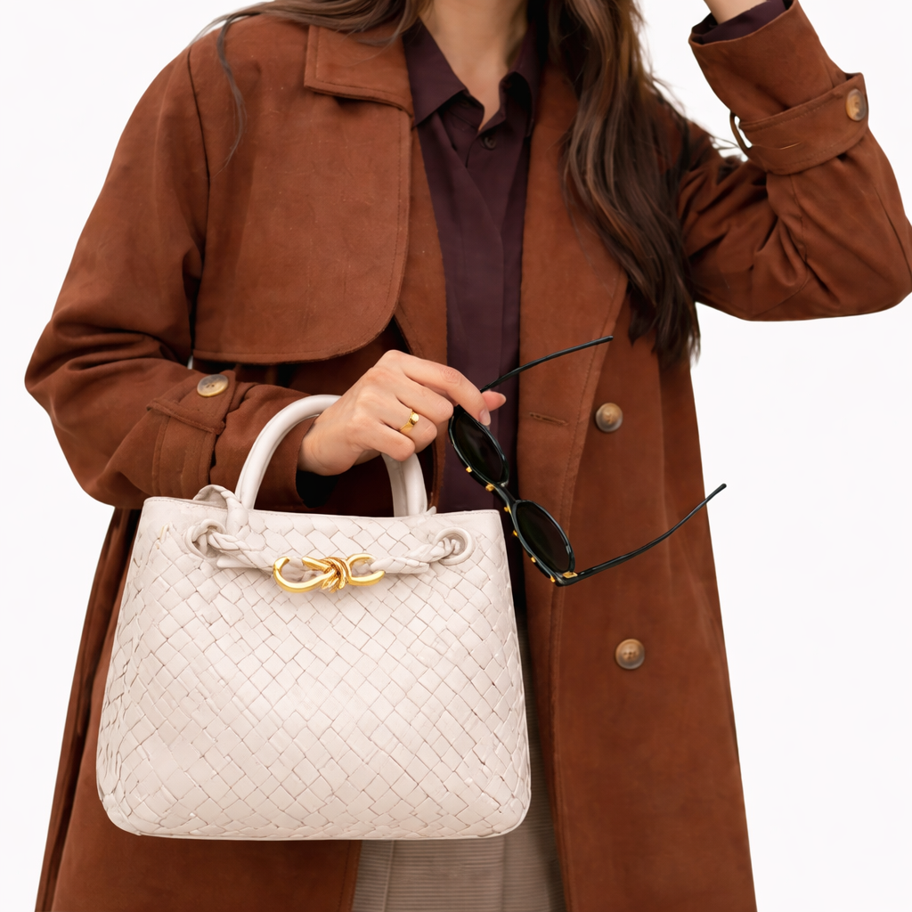 Women's Woven Faux Leather Tote Bag with Gold Clasp