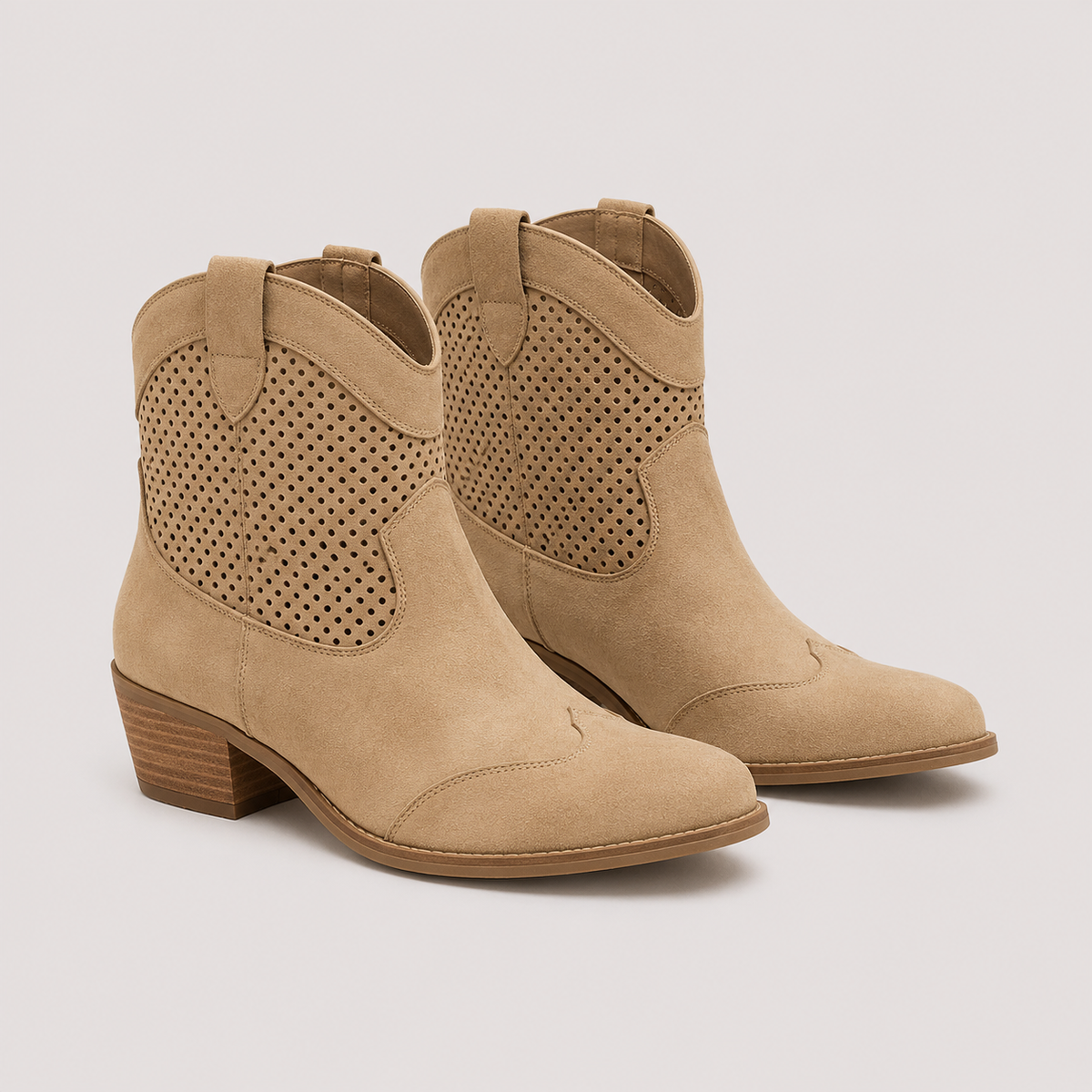 Women's Suede Western Ankle Boots with Perforated Detail and Stacked Heel