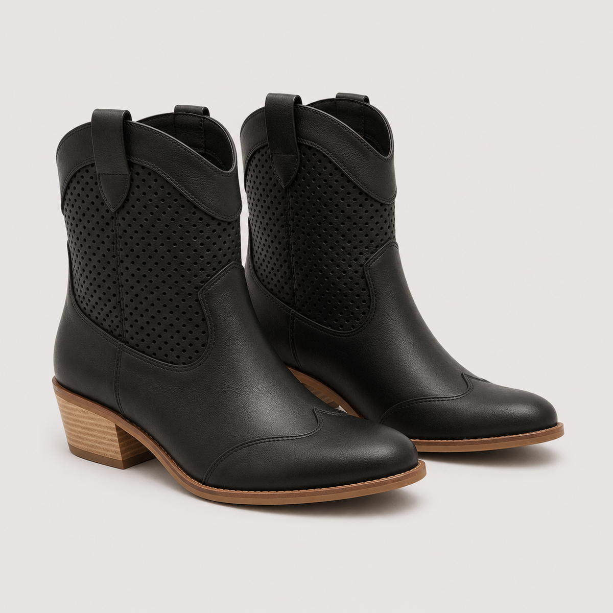 Women's Suede Western Ankle Boots with Perforated Detail and Stacked Heel