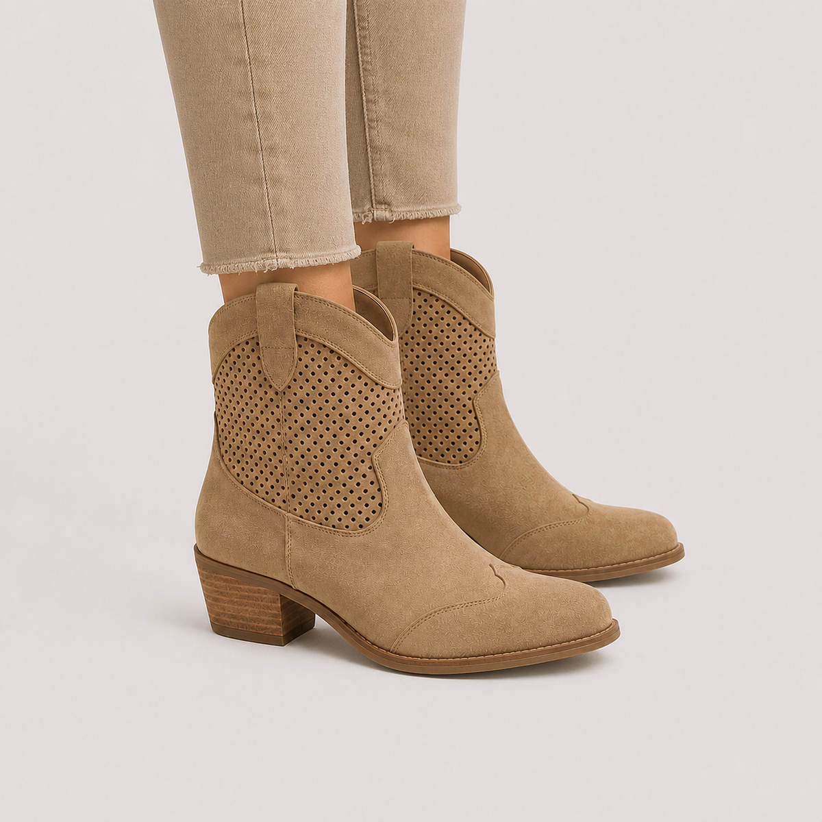 Women's Suede Western Ankle Boots with Perforated Detail and Stacked Heel