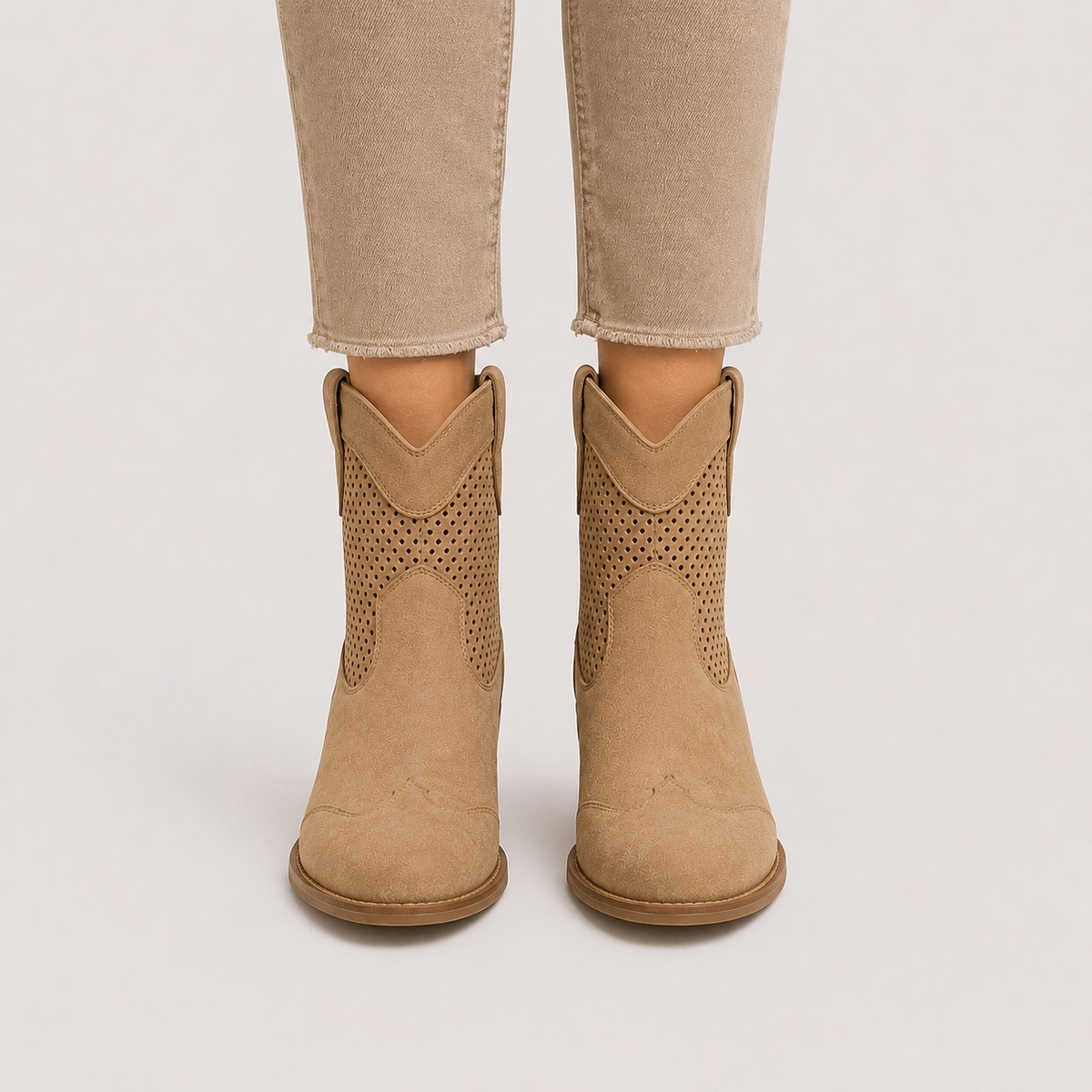 Women's Suede Western Ankle Boots with Perforated Detail and Stacked Heel
