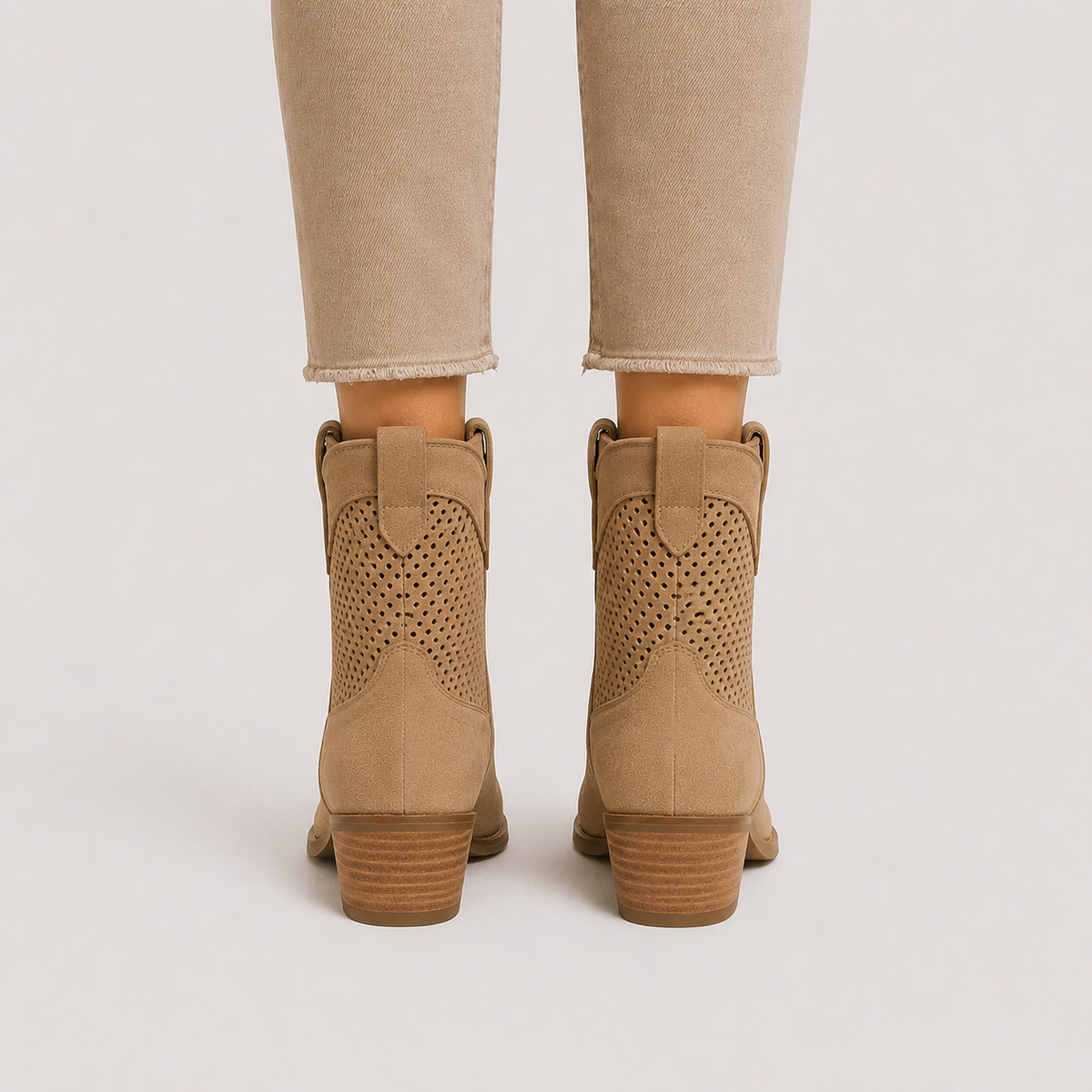 Women's Suede Western Ankle Boots with Perforated Detail and Stacked Heel
