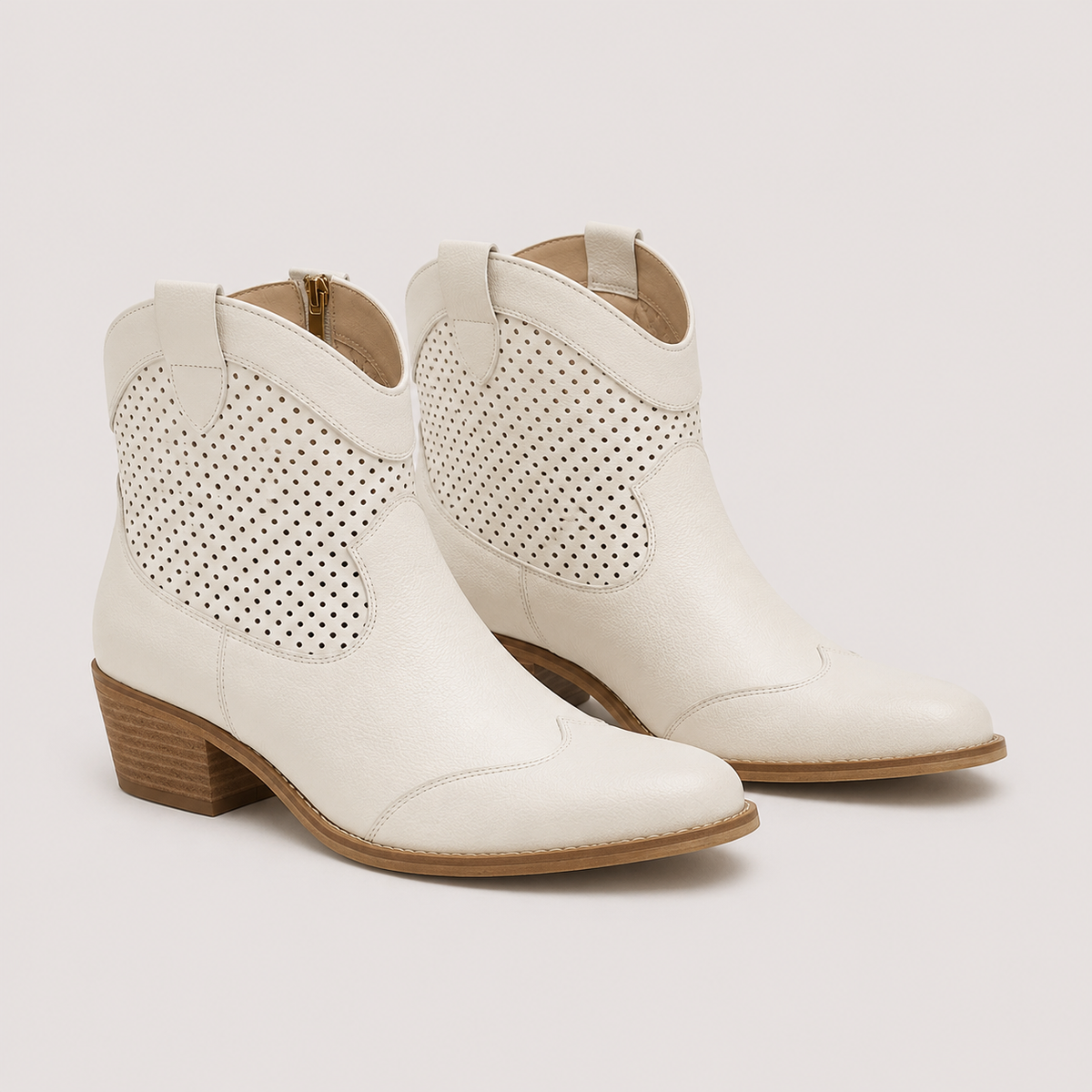 Women's Suede Western Ankle Boots with Perforated Detail and Stacked Heel