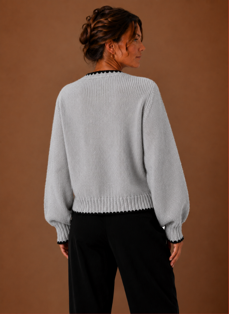 Women's Scalloped Trim Knit Cardigan with Bow Front and Balloon Sleeves