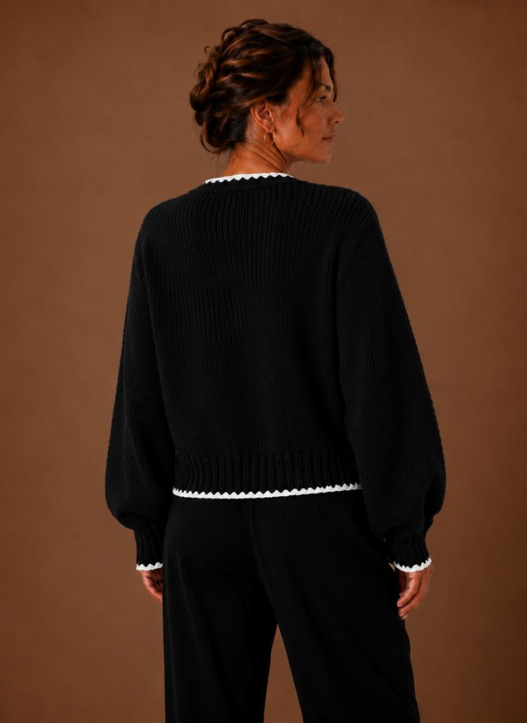 Women's Scalloped Trim Knit Cardigan with Bow Front and Balloon Sleeves