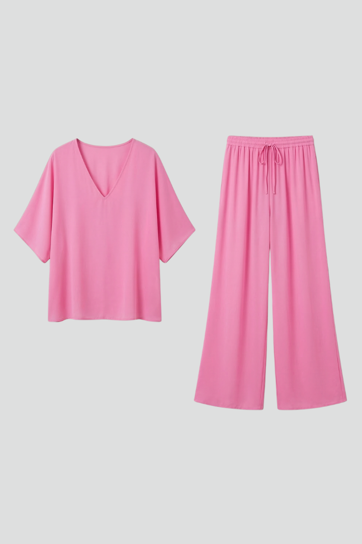 Womens Two-Piece Set with Top and Wide-Leg Chiffon Trousers 1
