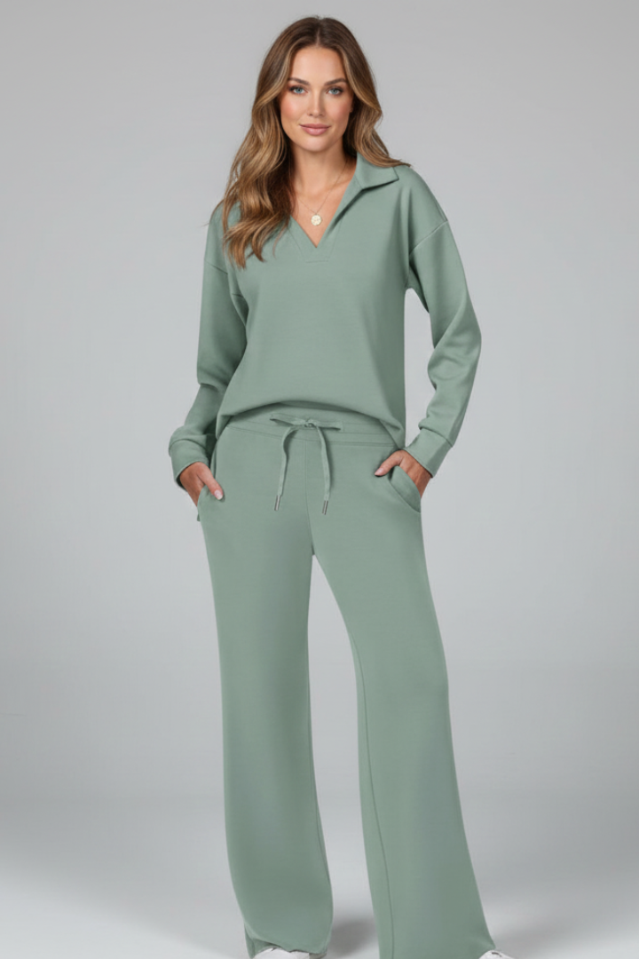 Womens Two-Piece Set with V-Neck Top and Drawstring Trousers 6