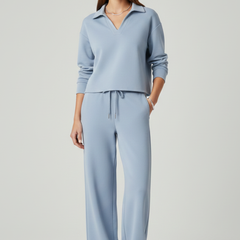 Womens Two-Piece Set with V-Neck Top and Wide-Leg Pants 2