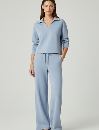 Womens Two-Piece Set with V-Neck Top and Wide-Leg Pants 2