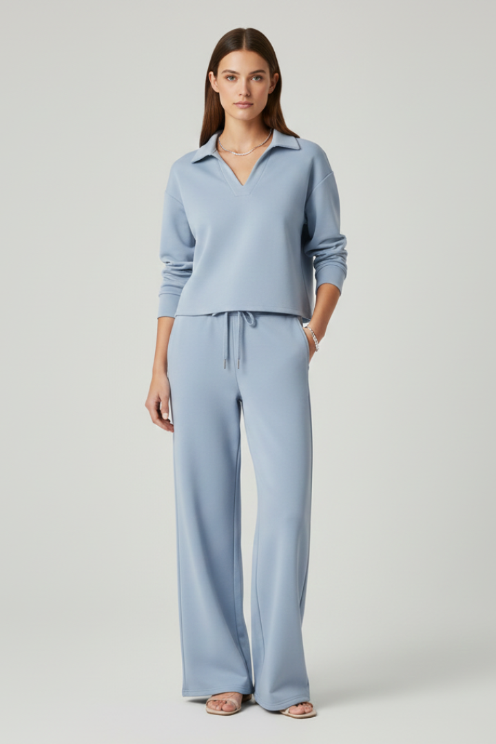 Womens Two-Piece Set with V-Neck Top and Wide-Leg Pants 2