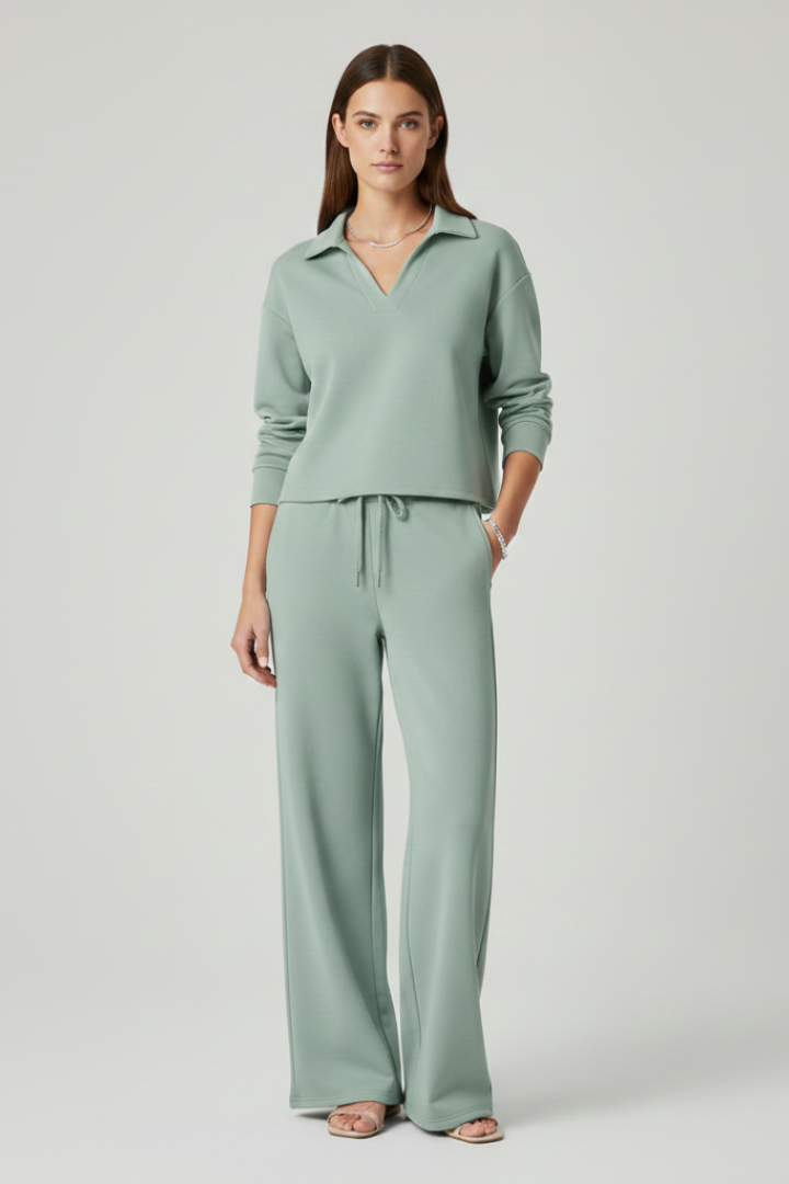 Womens Two-Piece Set with V-Neck Top and Wide-Leg Pants 6