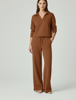 Womens Two-Piece Set with V-Neck Top and Wide-Leg Pants 9