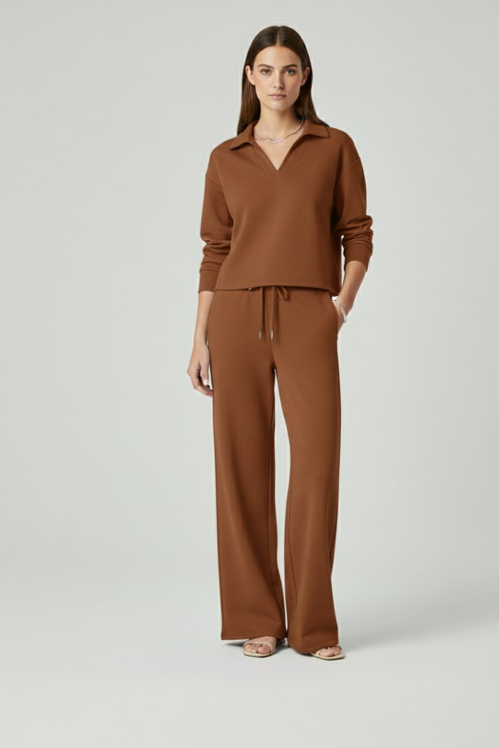 Womens Two-Piece Set with V-Neck Top and Wide-Leg Pants 9
