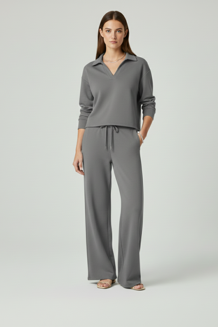 Womens Two-Piece Set with V-Neck Top and Wide-Leg Pants 8