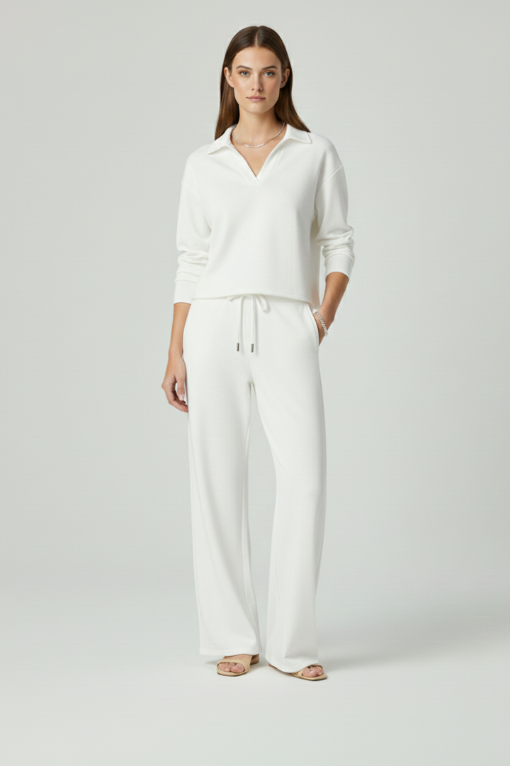 Womens Two-Piece Set with V-Neck Top and Wide-Leg Pants 11