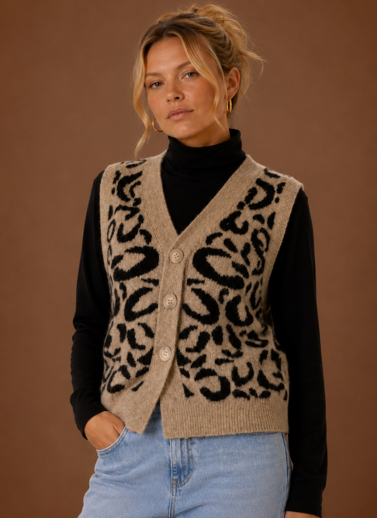 Women's Leopard Print Knit Sweater Vest with V Neck and Button Front