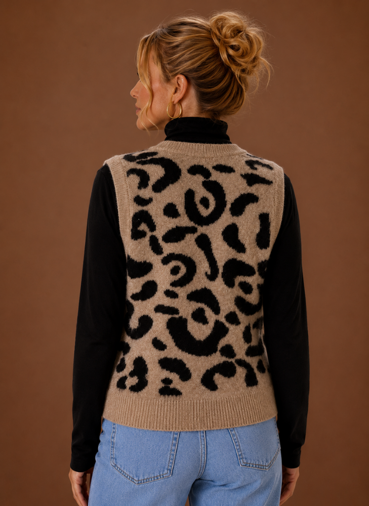Women's Leopard Print Knit Sweater Vest with V Neck and Button Front