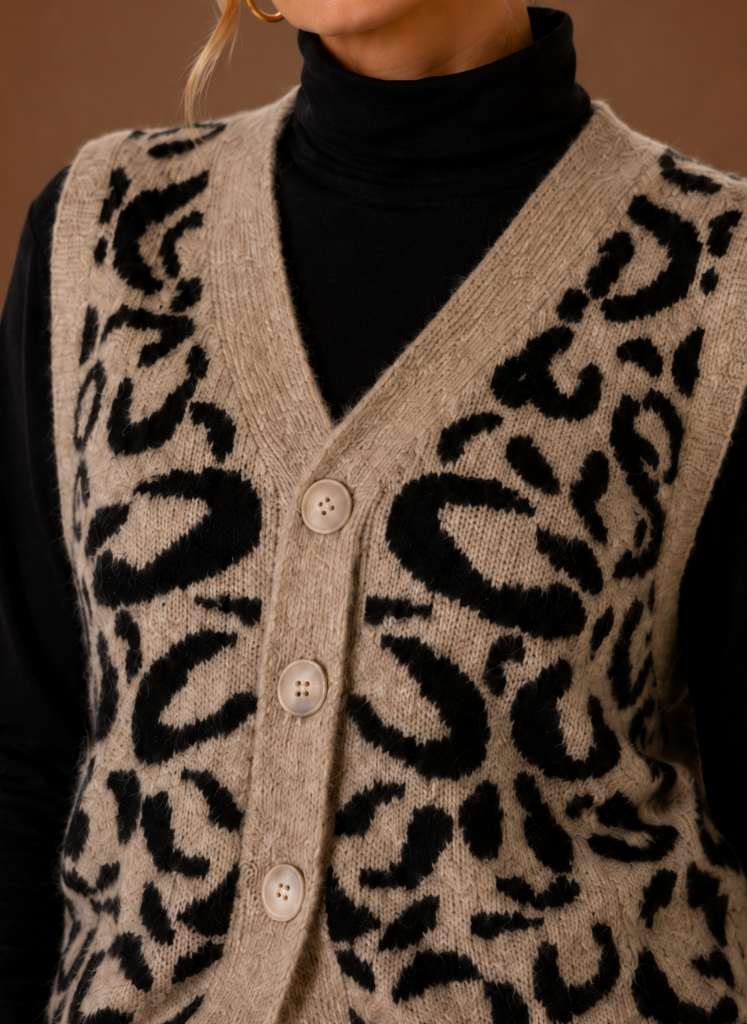 Women's Leopard Print Knit Sweater Vest with V Neck and Button Front