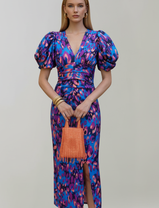 Women's Abstract Pattern Midi Dress | Elegant Puff Sleeve Summer Cocktail Dress 0