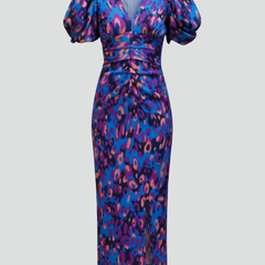 Women's Abstract Pattern Midi Dress | Elegant Puff Sleeve Summer Cocktail Dress 1