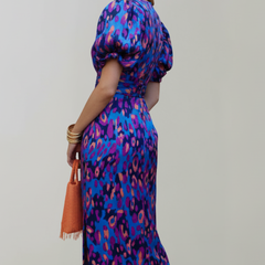 Women's Abstract Pattern Midi Dress | Elegant Puff Sleeve Summer Cocktail Dress 2