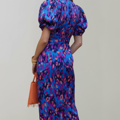 Women's Abstract Pattern Midi Dress | Elegant Puff Sleeve Summer Cocktail Dress 3