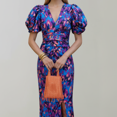 Women's Abstract Pattern Midi Dress | Elegant Puff Sleeve Summer Cocktail Dress 4
