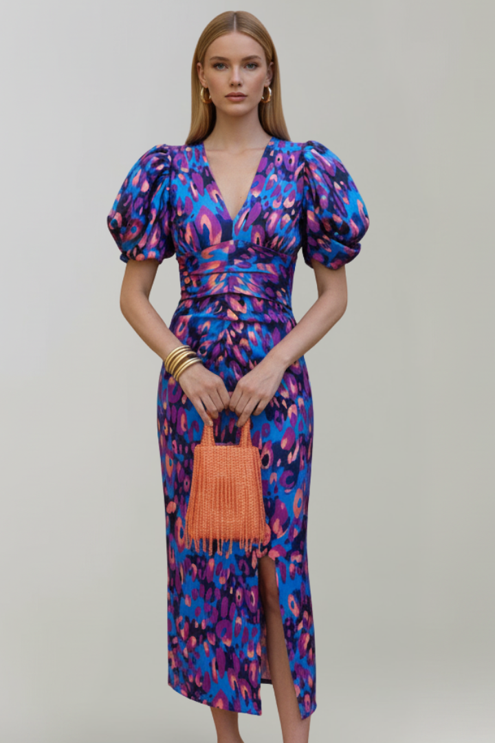 Women's Abstract Pattern Midi Dress | Elegant Puff Sleeve Summer Cocktail Dress 4