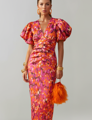 Women's Abstract Pattern Midi Dress | Elegant Puff Sleeve Summer Cocktail Dress 5