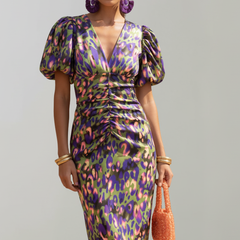 Women's Abstract Pattern Midi Dress | Elegant Puff Sleeve Summer Cocktail Dress 6