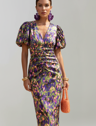 Women's Abstract Pattern Midi Dress | Elegant Puff Sleeve Summer Cocktail Dress 6