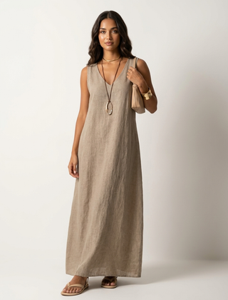 Women's Airy Linen Look Maxi Dress | Elegant Sleeveless Summer Gown 0